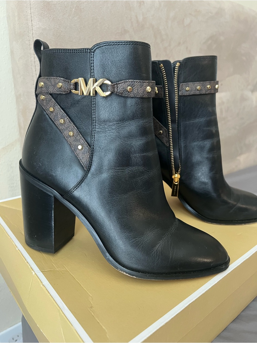 Michael Kors Black Leather Ankle Boots with Gold MK Accent